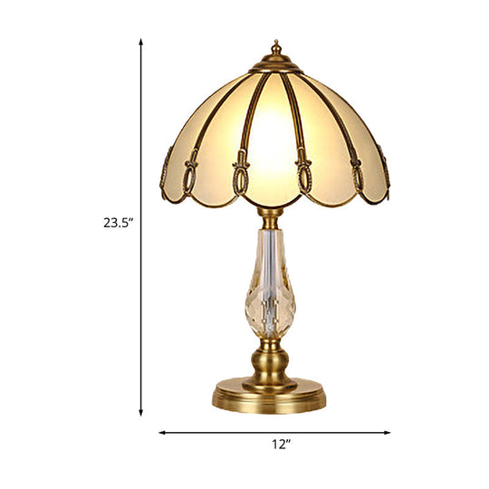 Vintage Gold Night Table Lamp With Scalloped Beige Shade And Crystal Accent