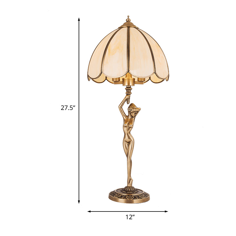 Colonial Beige Glass 2-Head Gold Table Lamp With Scalloped Design And Elegant Naked Woman Base