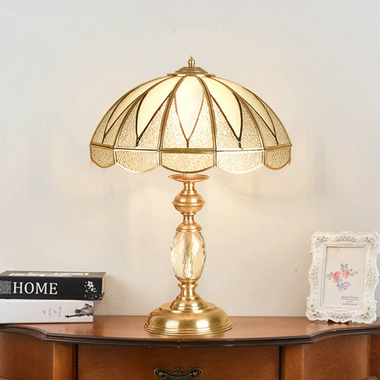 Gold Colonial Style Bedside Lamp With Beige Glass Dome - 12/16 Wide Nightstand Light / 16