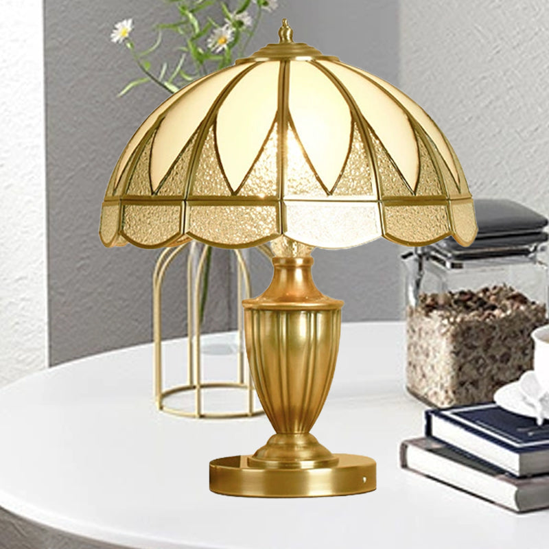 Gold Colonial Style Bedside Lamp With Beige Glass Dome - 12/16 Wide Nightstand Light