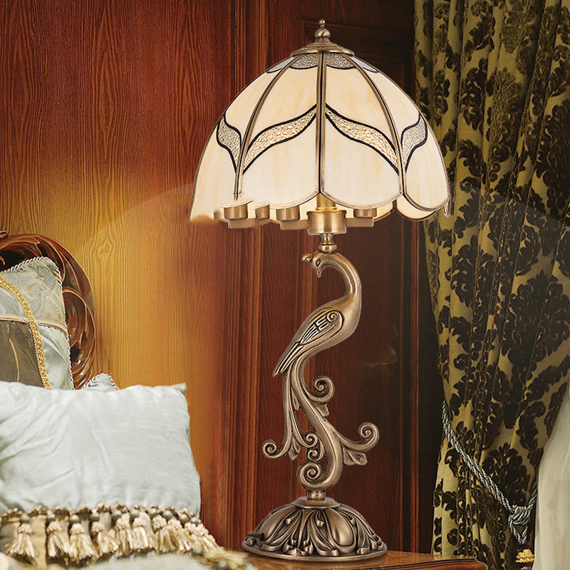 Traditional Gold 1/2-Light Dome Nightstand Lamp With White Glass And Peacock/Elliptical Frame Design