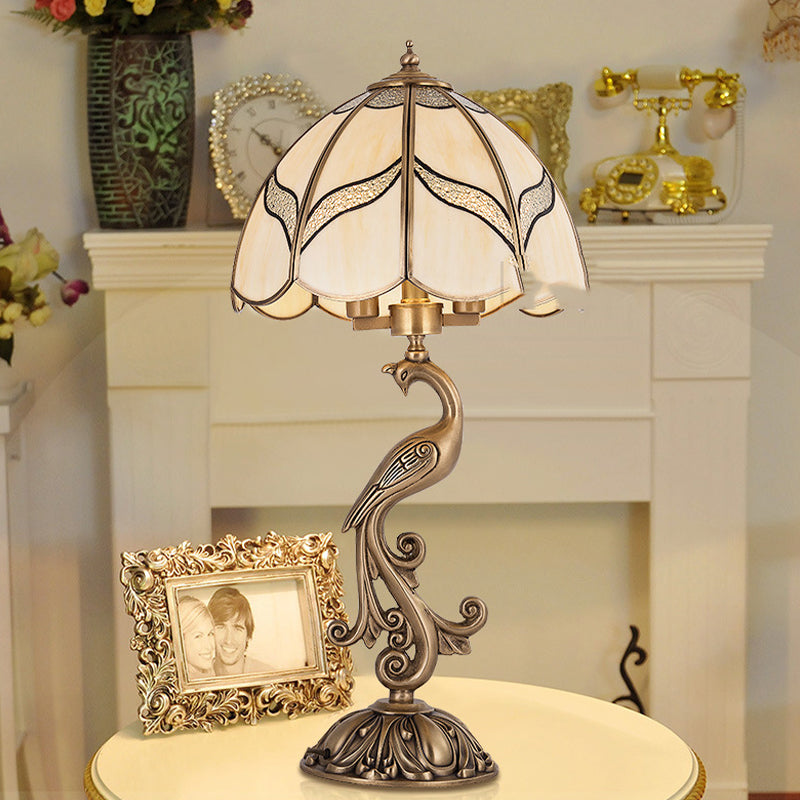 Traditional Gold 1/2-Light Dome Nightstand Lamp With White Glass And Peacock/Elliptical Frame Design