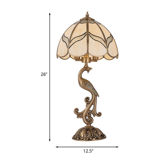 Traditional Gold 1/2-Light Dome Nightstand Lamp With White Glass And Peacock/Elliptical Frame Design