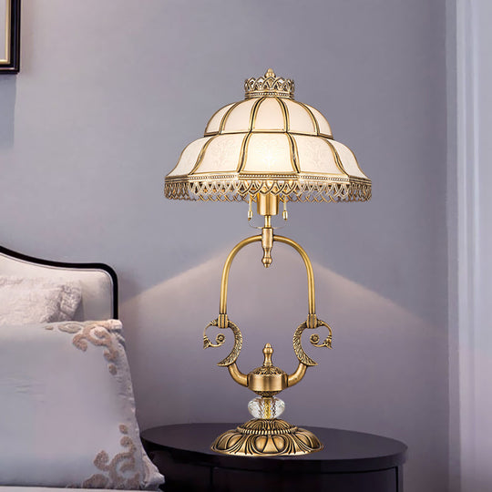 Traditional Gold 1/2-Light Dome Nightstand Lamp With White Glass And Peacock/Elliptical Frame Design