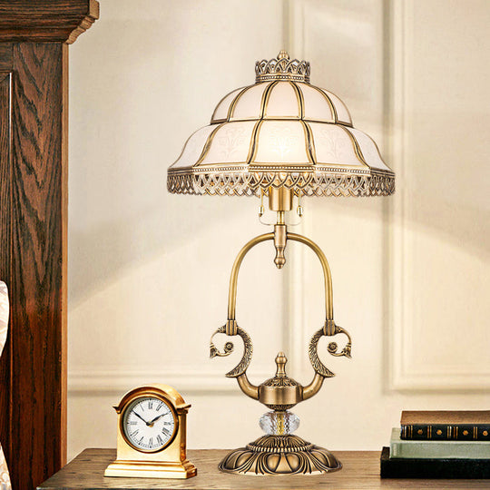 Traditional Gold 1/2-Light Dome Nightstand Lamp With White Glass And Peacock/Elliptical Frame Design