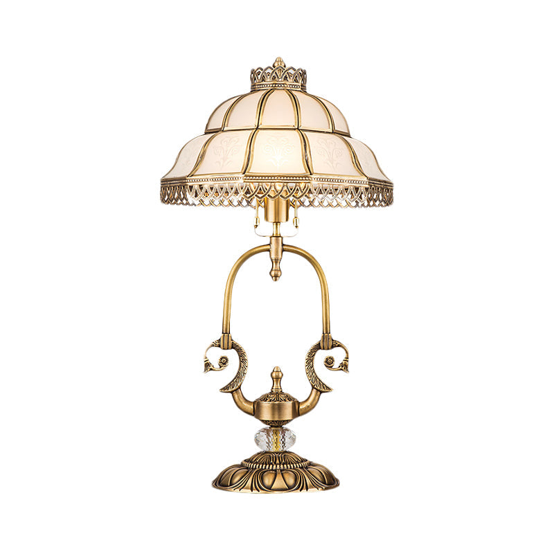 Traditional Gold 1/2-Light Dome Nightstand Lamp With White Glass And Peacock/Elliptical Frame Design