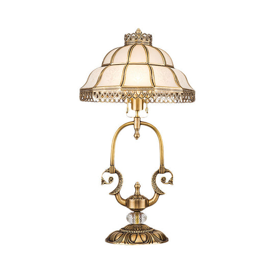 Traditional Gold 1/2-Light Dome Nightstand Lamp With White Glass And Peacock/Elliptical Frame Design