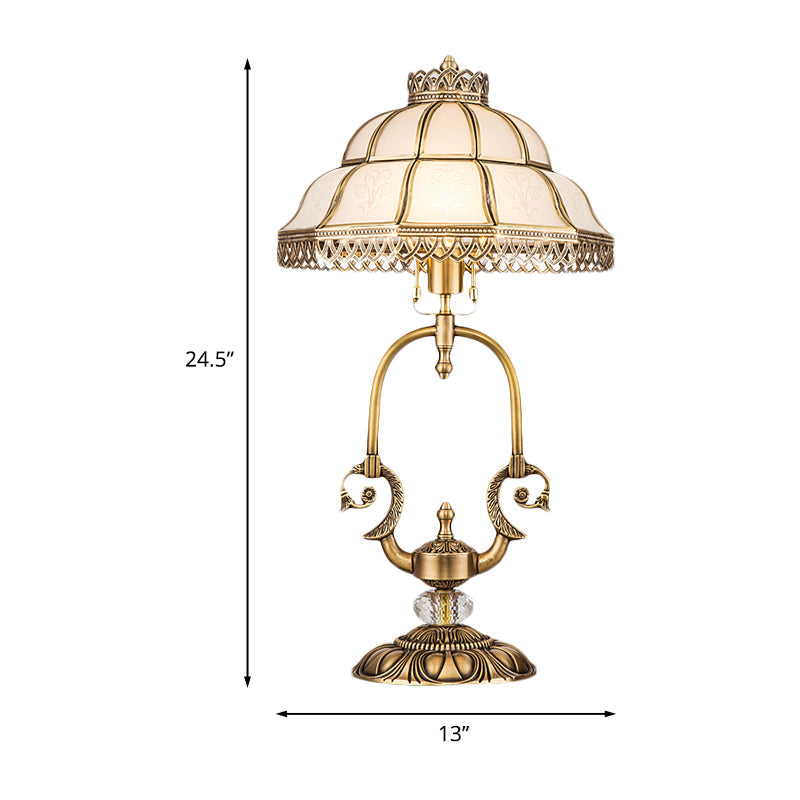 Traditional Gold 1/2-Light Dome Nightstand Lamp With White Glass And Peacock/Elliptical Frame Design