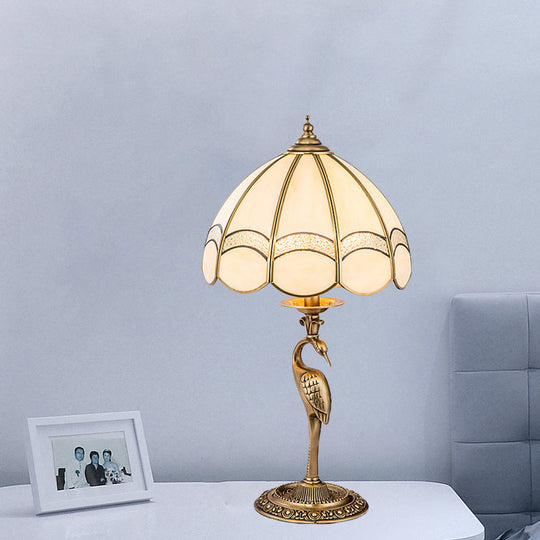 Traditional Gold 1/2-Light Dome Nightstand Lamp With White Glass And Peacock/Elliptical Frame Design