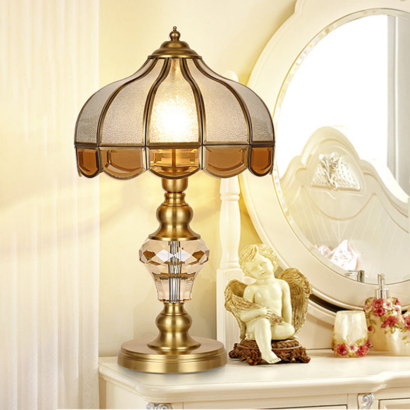 Colonial Scalloped Opal Glass Nightstand Lamp - Gold With Crystal Drop / B