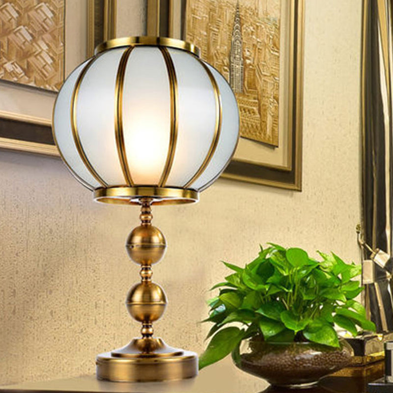 Colonial Style Opal Glass Lantern Nightstand Lamp - Gold Finish Metal Ball Deco 1-Light Bedroom