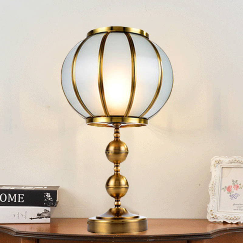 Colonial Style Opal Glass Lantern Nightstand Lamp - Gold Finish Metal Ball Deco 1-Light Bedroom