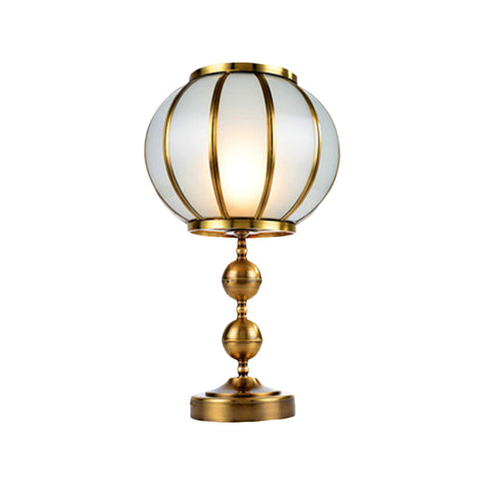 Colonial Style Opal Glass Lantern Nightstand Lamp - Gold Finish Metal Ball Deco 1-Light Bedroom