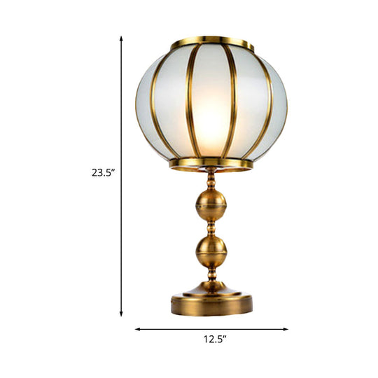 Colonial Style Opal Glass Lantern Nightstand Lamp - Gold Finish Metal Ball Deco 1-Light Bedroom