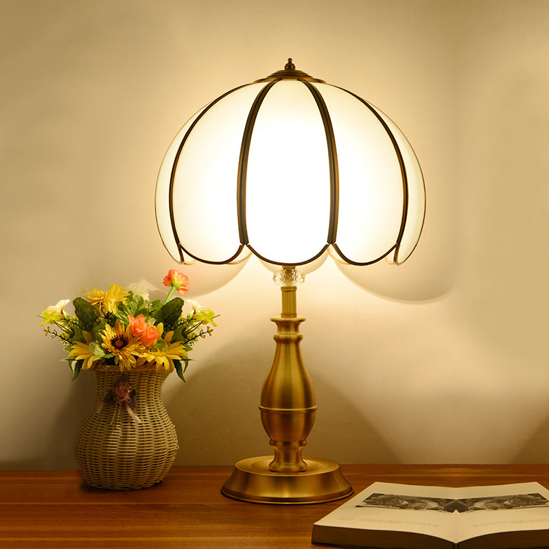 Vintage Gold Scalloped Glass Bedside Table Light With Farmhouse Charm