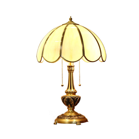 Colonialist Beige Glass 1-Bulb Nightstand Lamp - Gold Scalloped Metal Table Light With Pull Chain