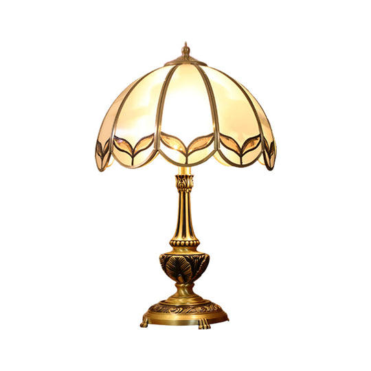 Colonialist Beige Glass 1-Bulb Nightstand Lamp - Gold Scalloped Metal Table Light With Pull Chain