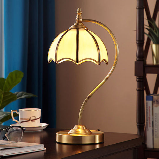 Opal Glass Gold Table Lamp - Scalloped Colonial Style Night Light With Curved Arm