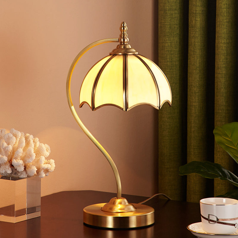 Opal Glass Gold Table Lamp - Scalloped Colonial Style Night Light With Curved Arm