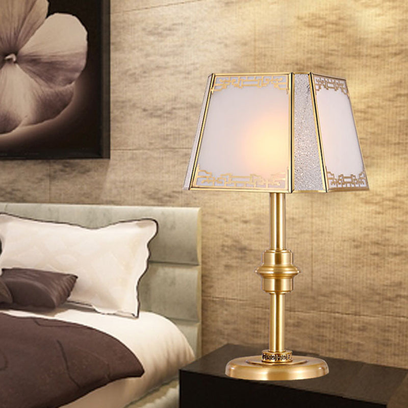 Gold Frosted Glass Trapezoid Table Lamp With Colonial 1-Head Bedside Night Light