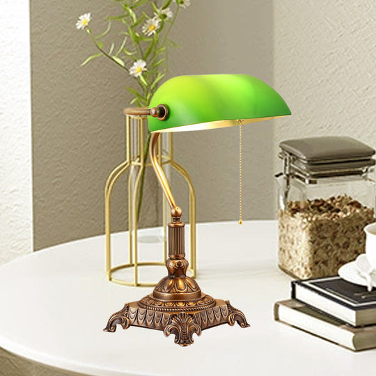 Country Green Glass Nightstand Lamp With Pull Chain For Bedroom - Metal Rollover Shade 1 Light Night