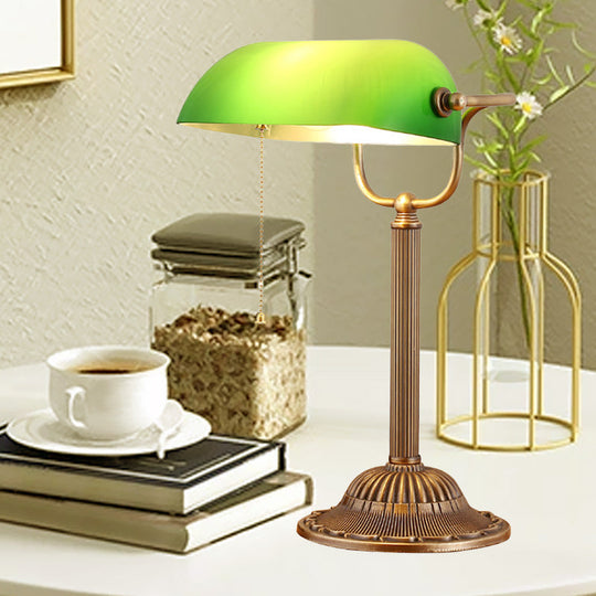 Country Green Glass Nightstand Lamp With Pull Chain For Bedroom - Metal Rollover Shade 1 Light Night