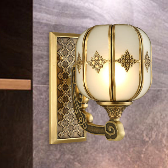 Colonial Gold Lantern Wall Sconce Light With Frosted Glass - Single Bulb Bedroom Lamp