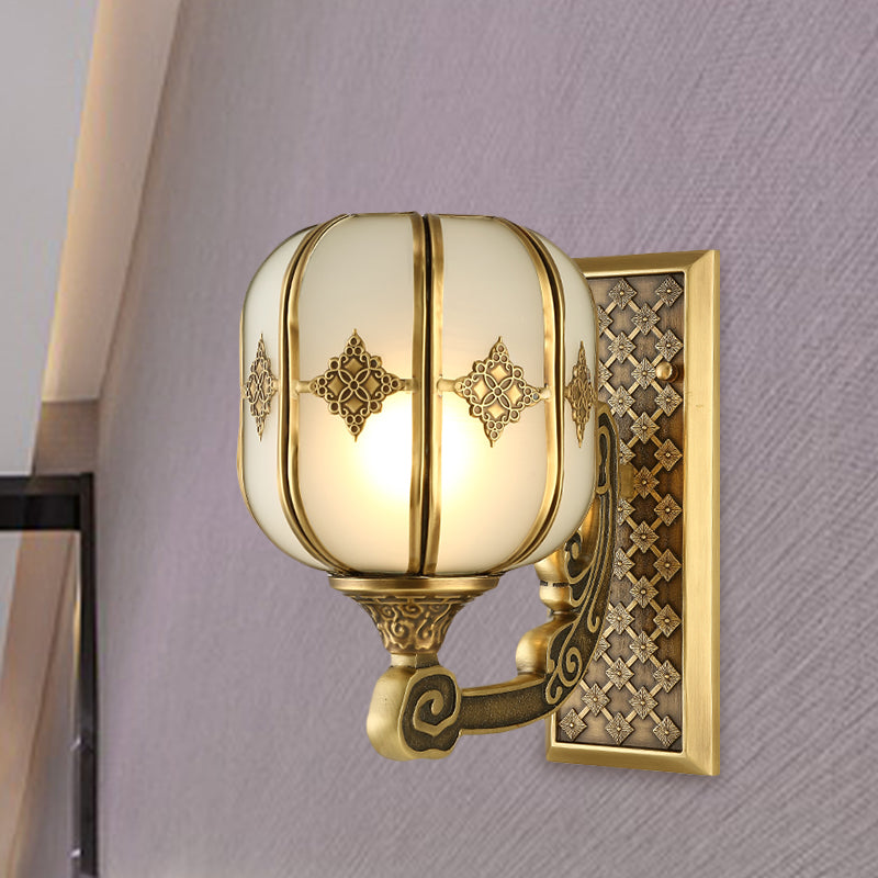 Colonial Gold Lantern Wall Sconce Light With Frosted Glass - Single Bulb Bedroom Lamp / A