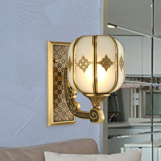 Colonial Gold Lantern Wall Sconce Light With Frosted Glass - Single Bulb Bedroom Lamp