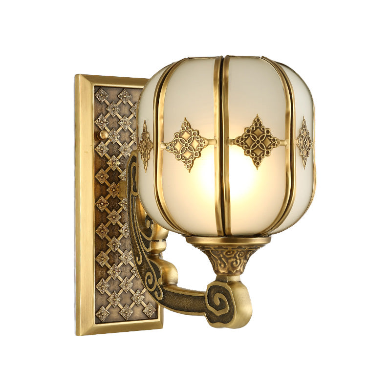 Colonial Gold Lantern Wall Sconce Light With Frosted Glass - Single Bulb Bedroom Lamp