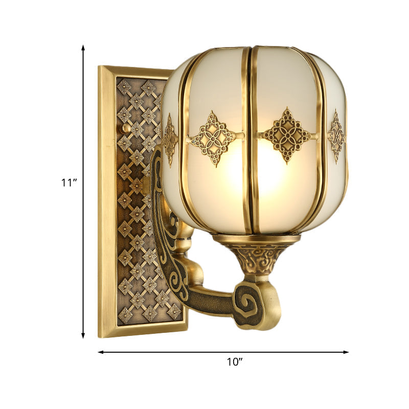 Colonial Gold Lantern Wall Sconce Light With Frosted Glass - Single Bulb Bedroom Lamp