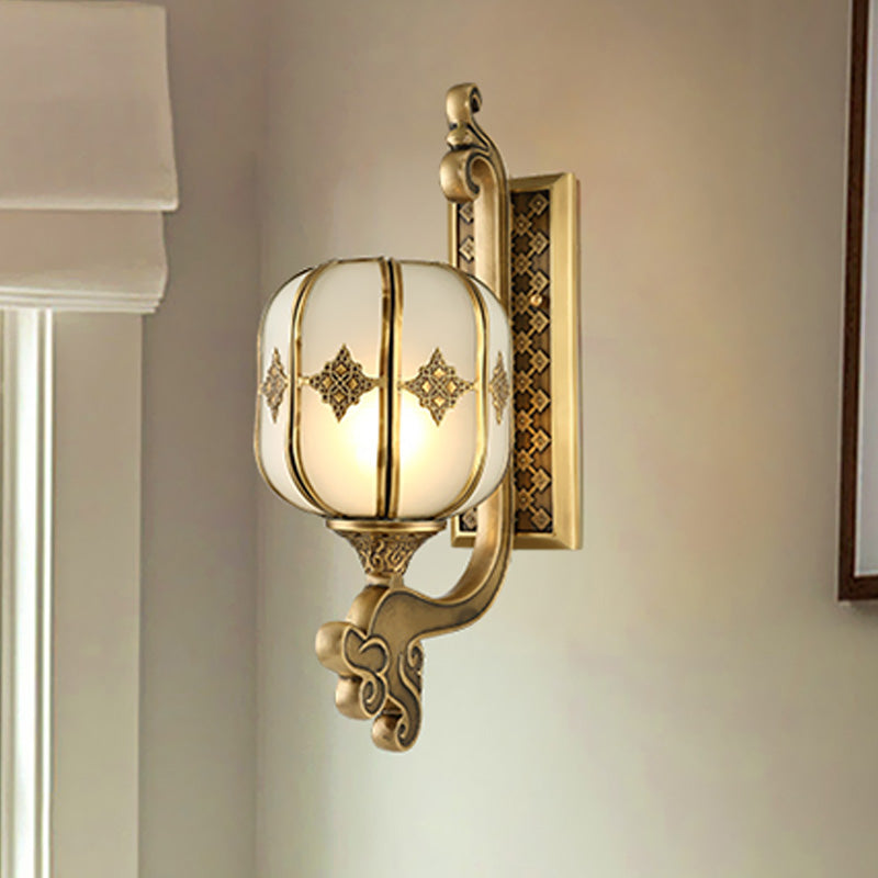 Colonial Gold Lantern Wall Sconce Light With Frosted Glass - Single Bulb Bedroom Lamp