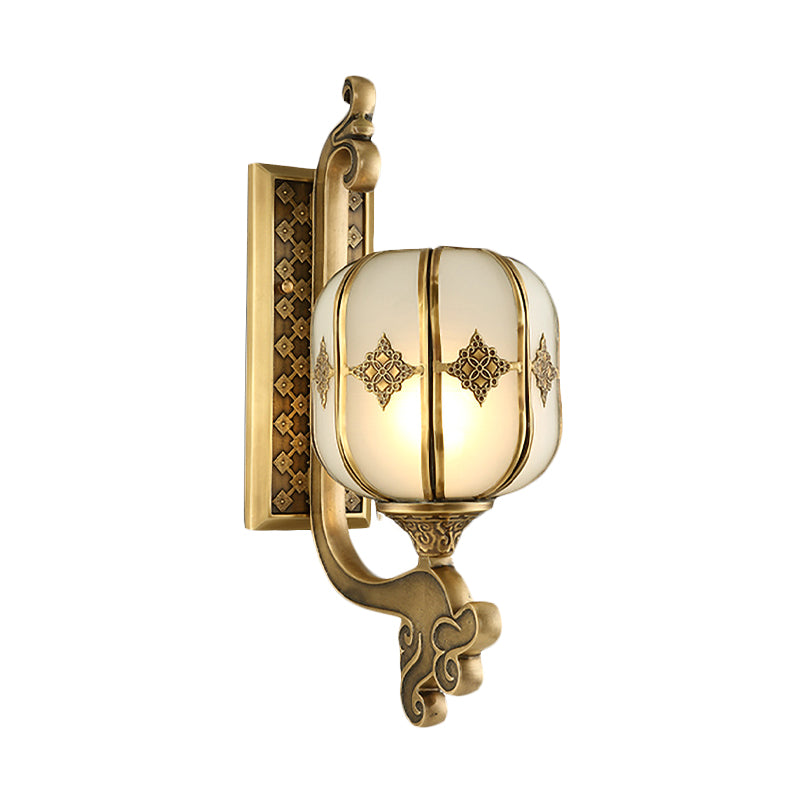 Colonial Gold Lantern Wall Sconce Light With Frosted Glass - Single Bulb Bedroom Lamp