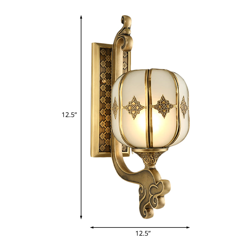 Colonial Gold Lantern Wall Sconce Light With Frosted Glass - Single Bulb Bedroom Lamp