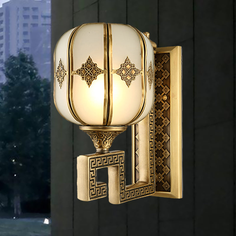 Colonial Gold Lantern Wall Sconce Light With Frosted Glass - Single Bulb Bedroom Lamp