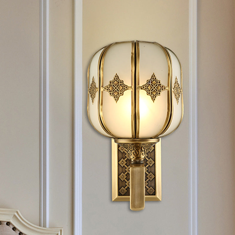 Colonial Gold Lantern Wall Sconce Light With Frosted Glass - Single Bulb Bedroom Lamp / C