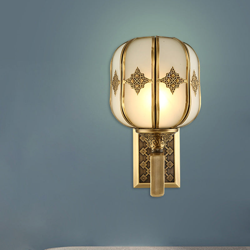 Colonial Gold Lantern Wall Sconce Light With Frosted Glass - Single Bulb Bedroom Lamp