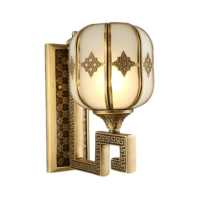 Colonial Gold Lantern Wall Sconce Light With Frosted Glass - Single Bulb Bedroom Lamp