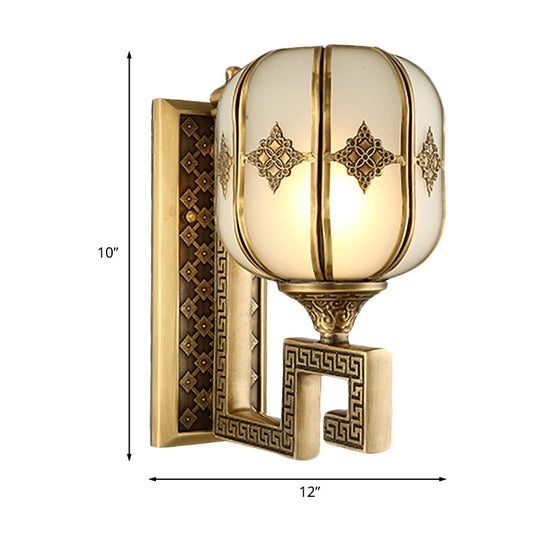 Colonial Gold Lantern Wall Sconce Light With Frosted Glass - Single Bulb Bedroom Lamp