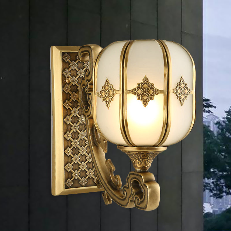 Colonial Gold Lantern Wall Sconce Light With Frosted Glass - Single Bulb Bedroom Lamp