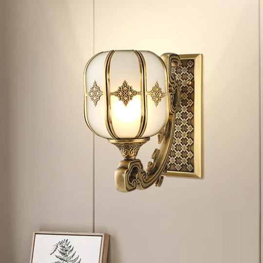 Colonial Gold Lantern Wall Sconce Light With Frosted Glass - Single Bulb Bedroom Lamp / D