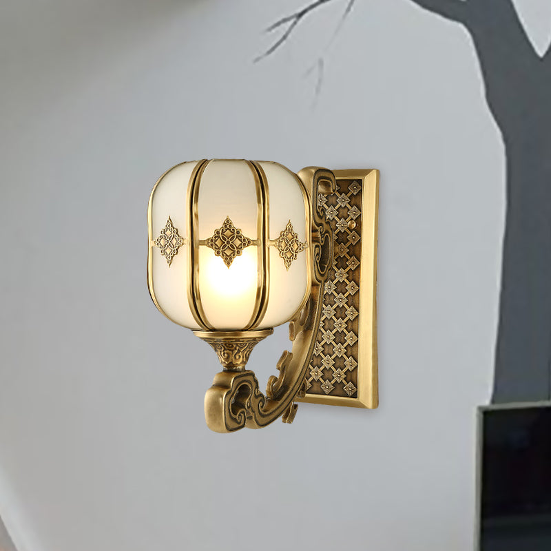 Colonial Gold Lantern Wall Sconce Light With Frosted Glass - Single Bulb Bedroom Lamp