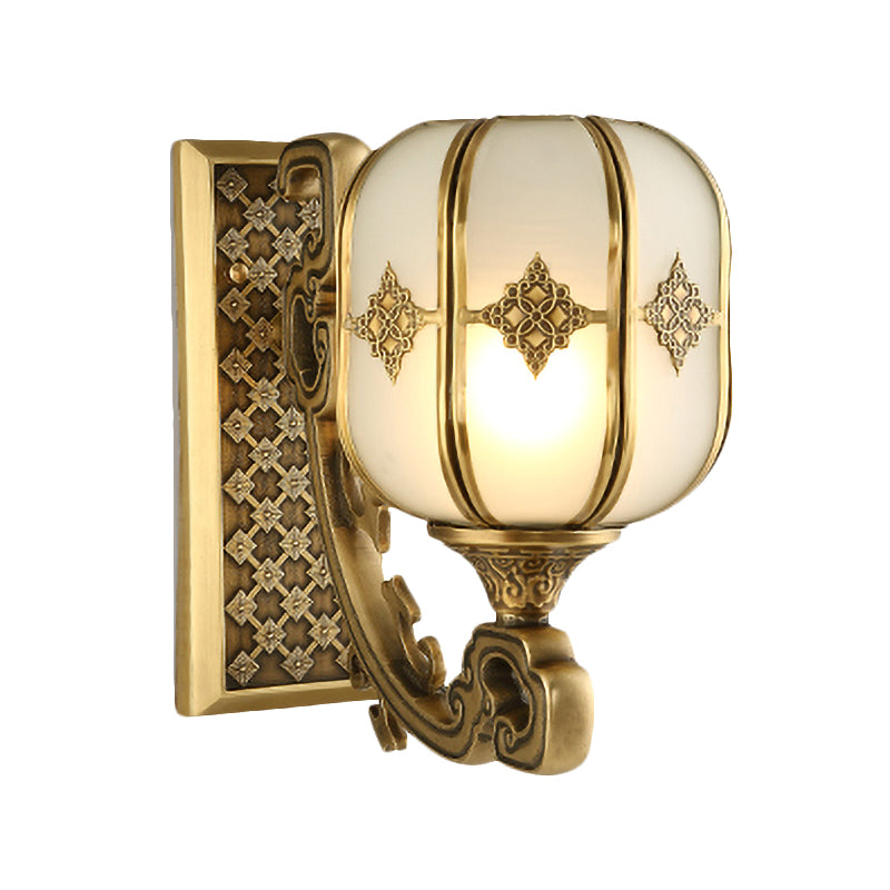 Colonial Gold Lantern Wall Sconce Light With Frosted Glass - Single Bulb Bedroom Lamp