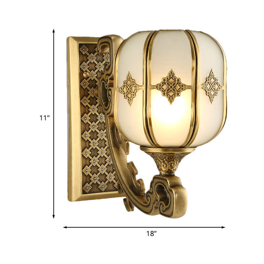 Colonial Gold Lantern Wall Sconce Light With Frosted Glass - Single Bulb Bedroom Lamp