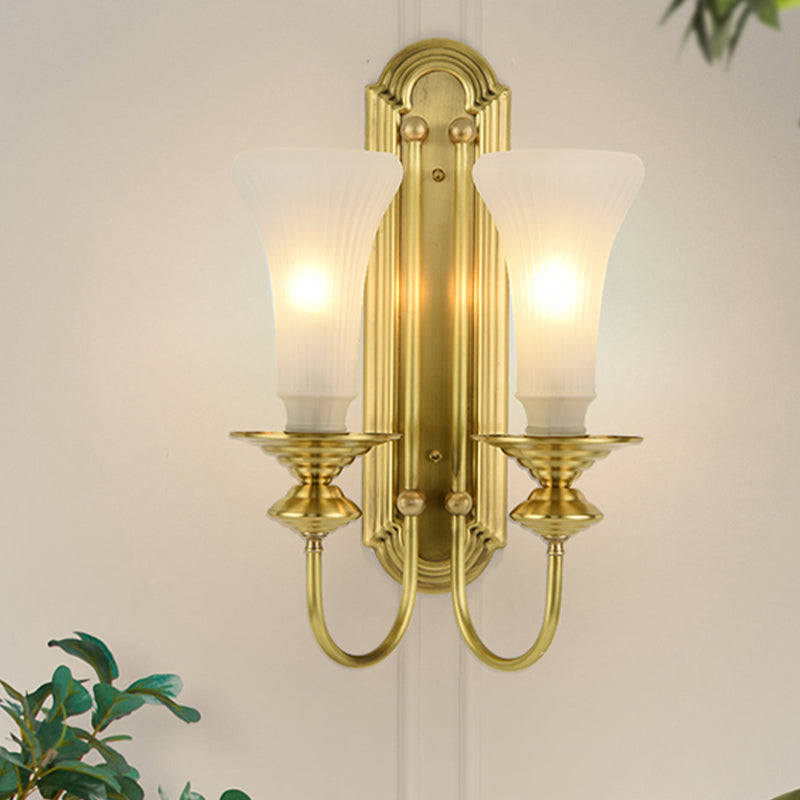 Colonial Gold Bell Sconce With Frosted Glass And Gooseneck Arm