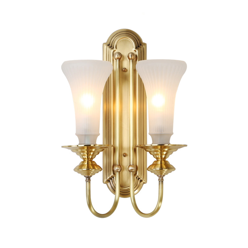 Colonial Gold Bell Sconce With Frosted Glass And Gooseneck Arm