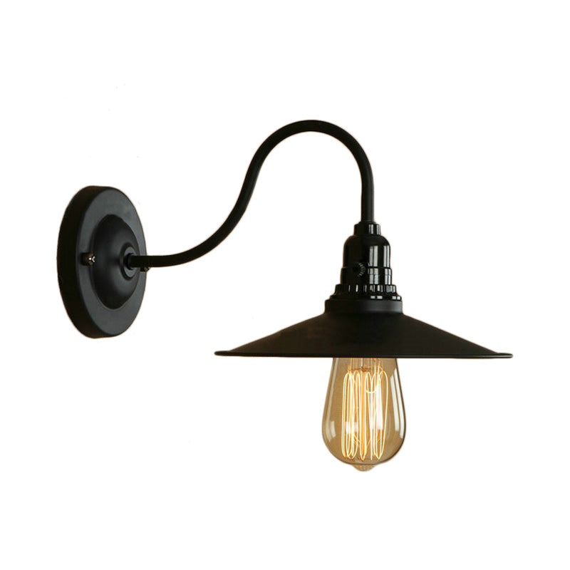 Vintage Style Metal Gooseneck Wall Sconce With Flared Shade - Black