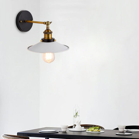 Adjustable Industrial Sconce Light With Metallic White Saucer Shade For Corridor