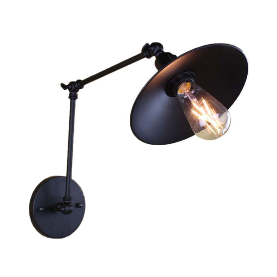 Swing Arm Metal Wall Sconce With Saucer Shade - Black/White 1 Light Fixture For Living Room