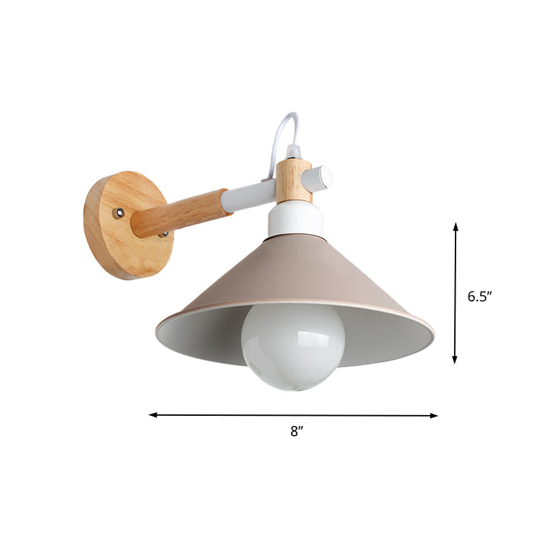 Nordic Cone Wall Lighting Fixture - Stylish 1-Head Metallic Sconce Lamp With Wooden Joint Black/Grey